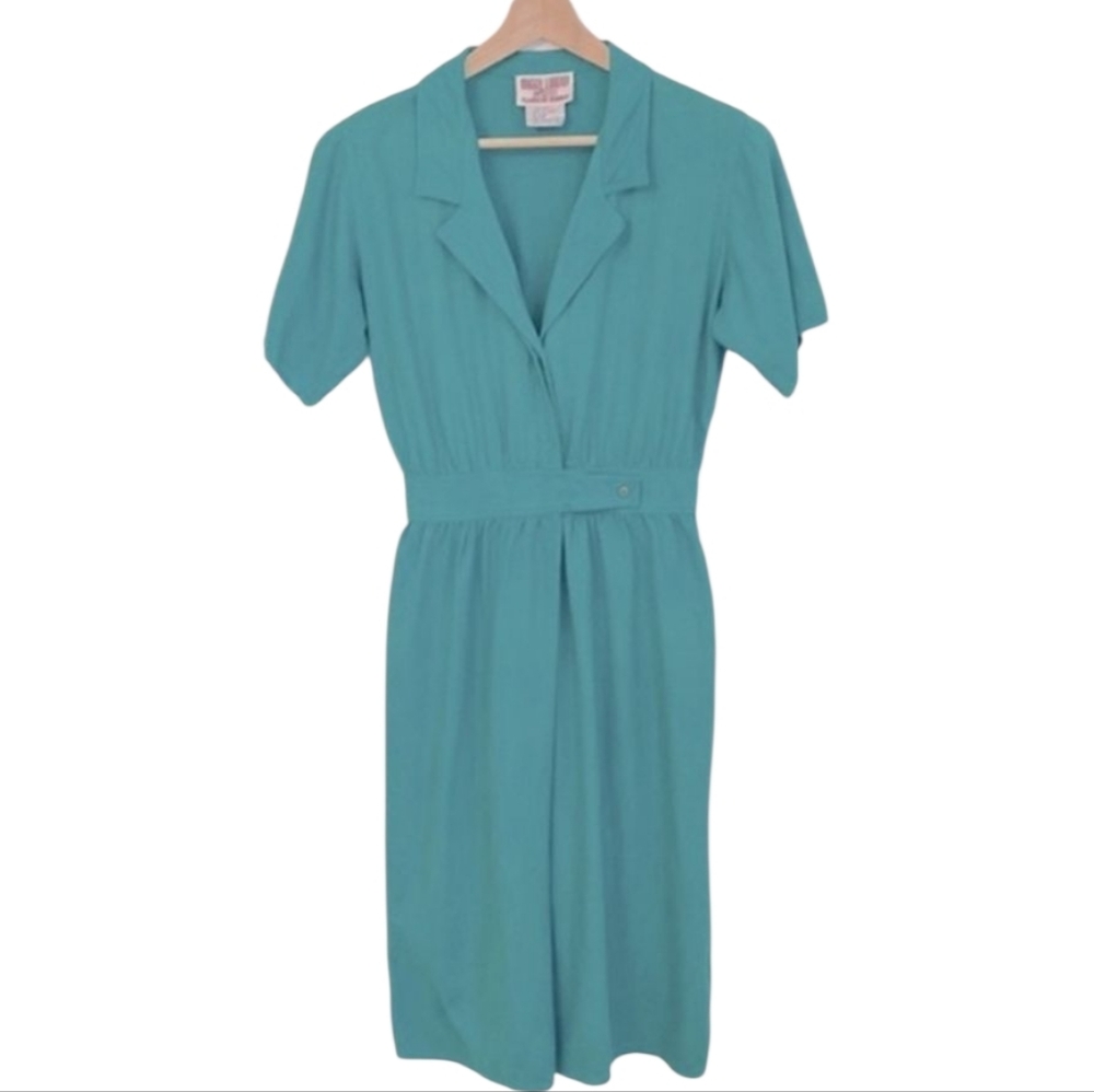 VINTAGE | Maggy London Petites Jeannene Booher 100% Silk Shirt Dress Kelly Green